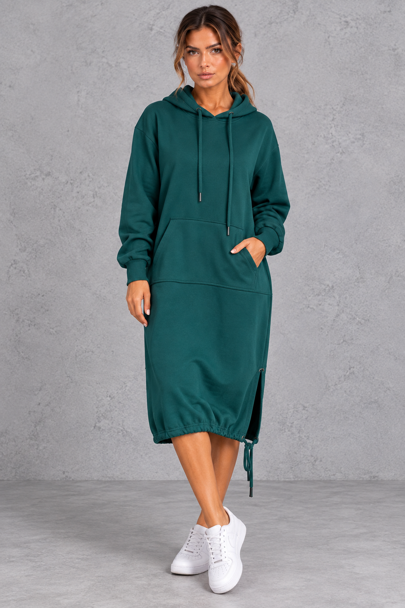 Women's green hooded sweatshirt midi dress with side split – front view
