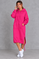 Women's rose red hooded sweatshirt midi dress with side split – front view