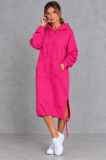 Women's rose red hooded sweatshirt midi dress with side split – front view