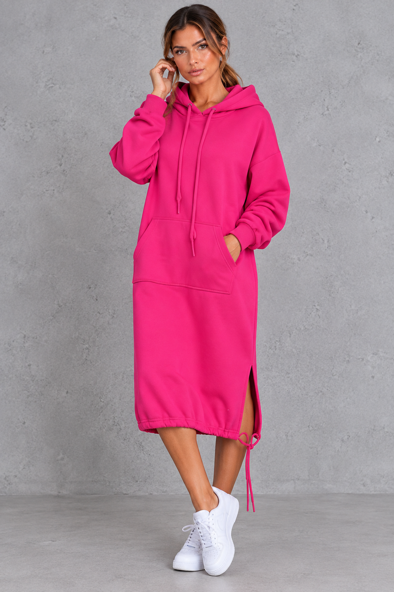 Women's rose red hooded sweatshirt midi dress with side split – front view
