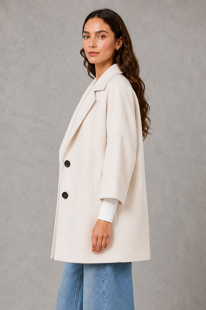 Women’s elegant longline coat with a classic tailored silhouette and lightweight finish, ideal for polished spring and autumn layering.