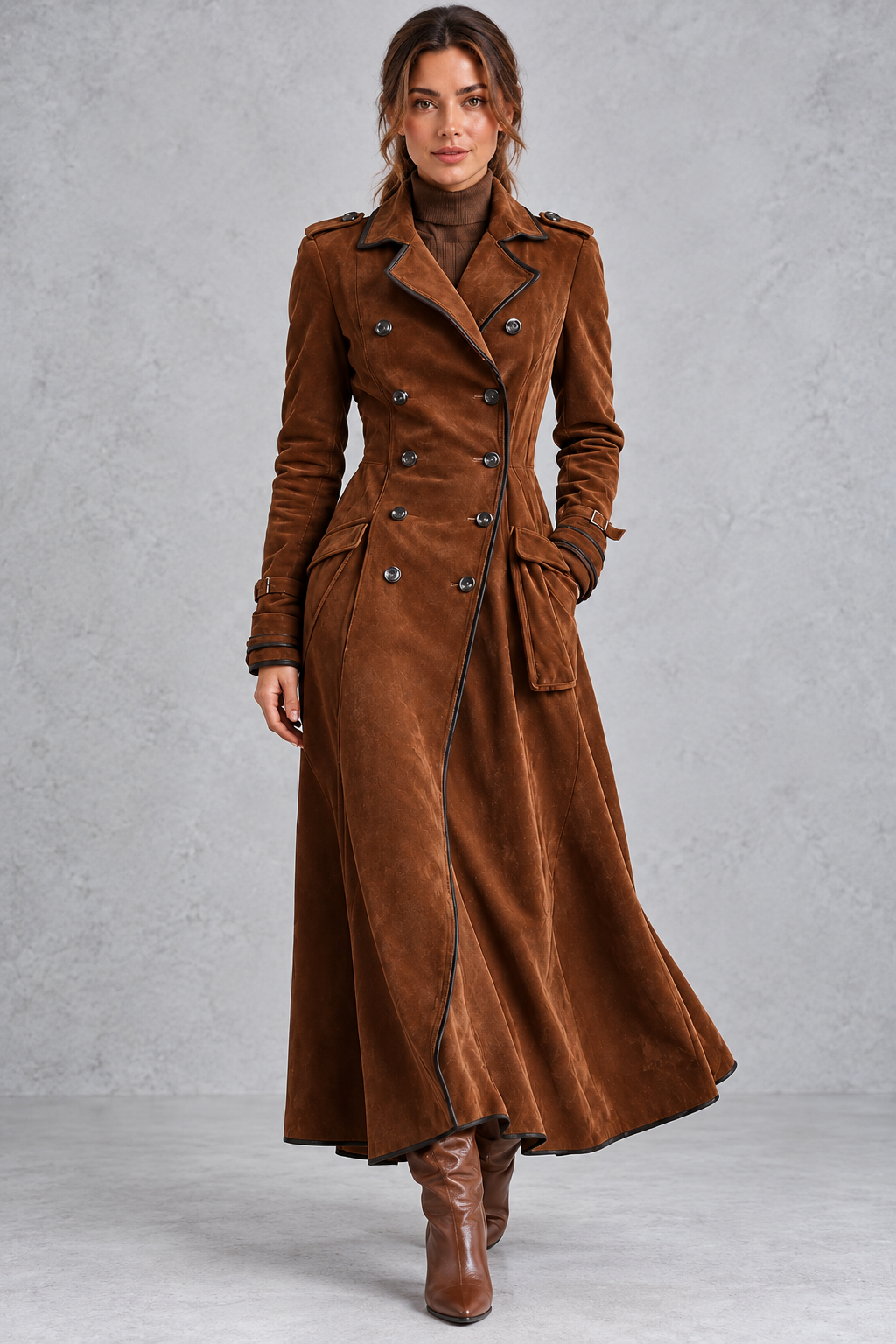 Women’s elegant longline coat with a classic lapel neckline, tailored-inspired styling and a refined streamlined silhouette.