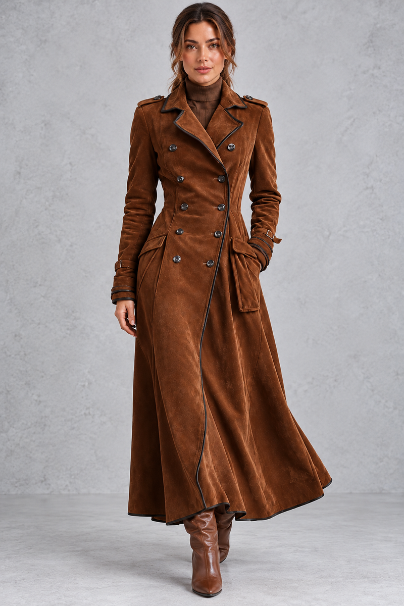 Women’s elegant longline coat with a classic lapel neckline, tailored-inspired styling and a refined streamlined silhouette.