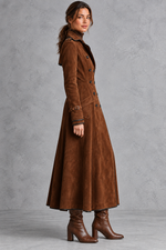 Women’s elegant longline coat with a classic lapel neckline, tailored-inspired styling and a refined streamlined silhouette.