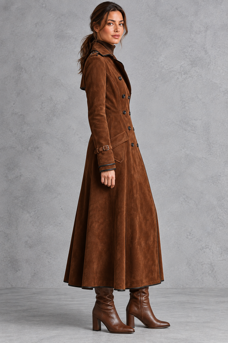 Women’s elegant longline coat with a classic lapel neckline, tailored-inspired styling and a refined streamlined silhouette.