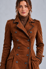 Women’s elegant longline coat with a classic lapel neckline, tailored-inspired styling and a refined streamlined silhouette.
