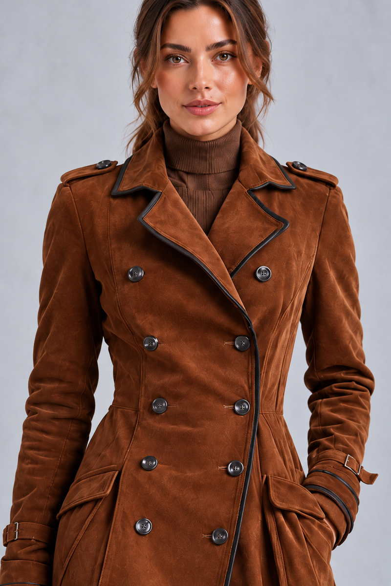 Women’s elegant longline coat with a classic lapel neckline, tailored-inspired styling and a refined streamlined silhouette.