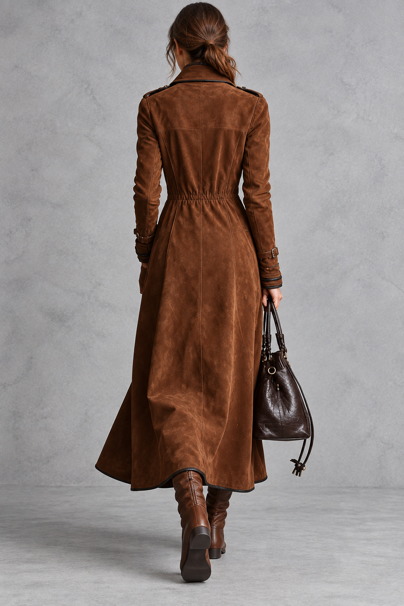 Women’s elegant longline coat with a classic lapel neckline, tailored-inspired styling and a refined streamlined silhouette.