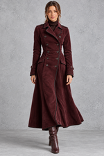 Women’s elegant longline coat with a classic lapel neckline, tailored-inspired styling and a refined streamlined silhouette.