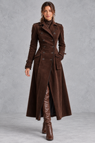 Women’s elegant longline coat with a classic lapel neckline, tailored-inspired styling and a refined streamlined silhouette.