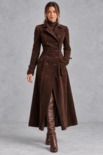 Women’s elegant longline coat with a classic lapel neckline, tailored-inspired styling and a refined streamlined silhouette.