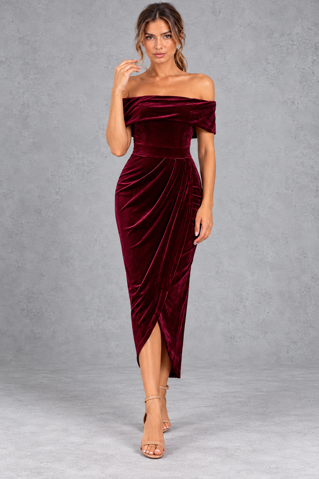 Women's Velvet Off-Shoulder Midi Dress – Wine Red – front view