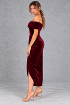 Women's Velvet Off-Shoulder Midi Dress – Wine Red – side view