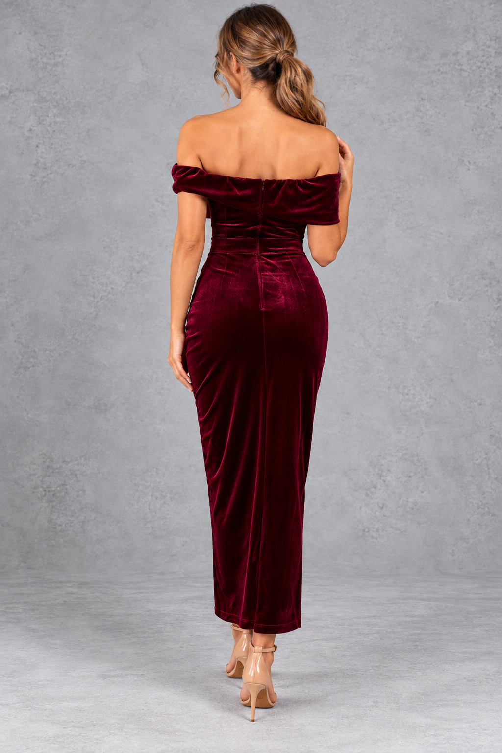 Women's Velvet Off-Shoulder Midi Dress – Wine Red – back view