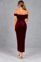 Women's Velvet Off-Shoulder Midi Dress – Wine Red – back view