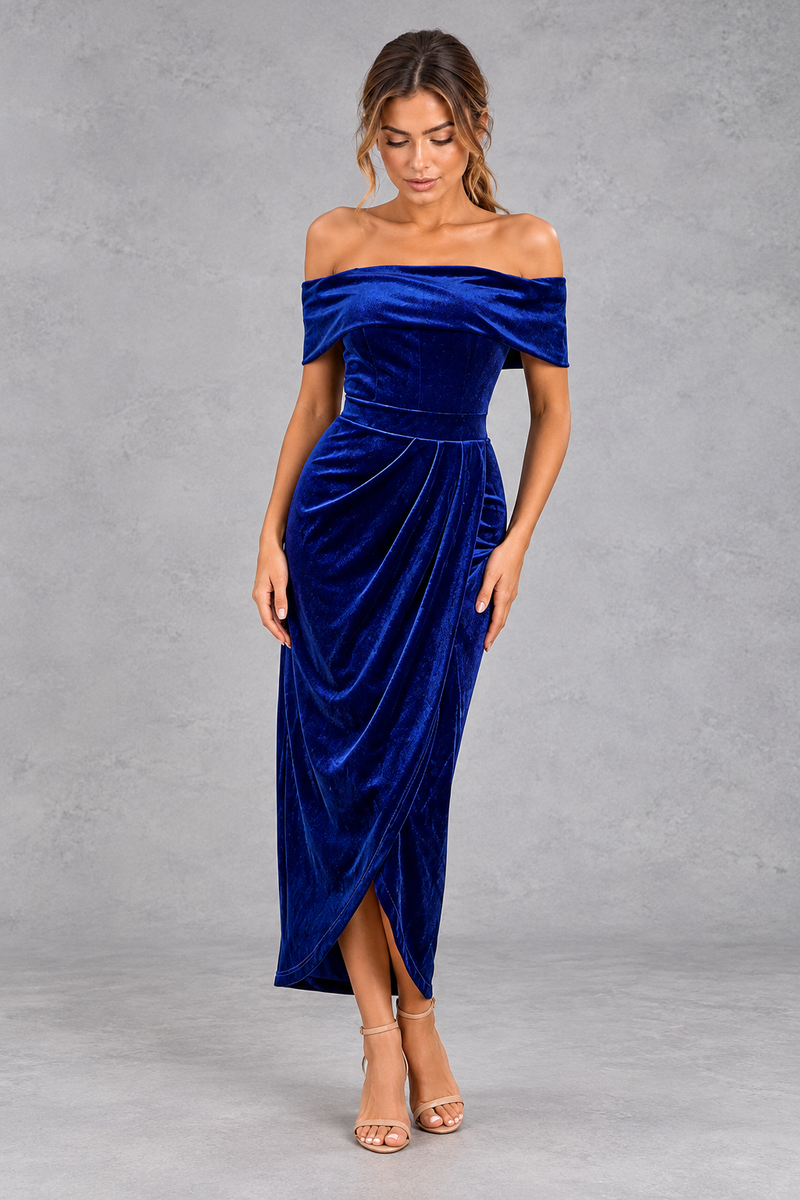 Women's Velvet Off-Shoulder Midi Dress – Royal Blue – front view