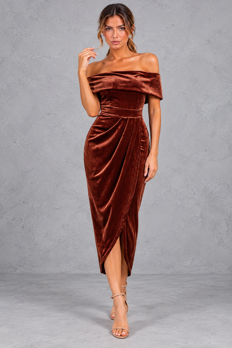 Women's Velvet Off-Shoulder Midi Dress – Rust – front view