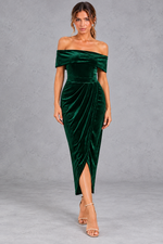 Women's Velvet Off-Shoulder Midi Dress – Green – front view