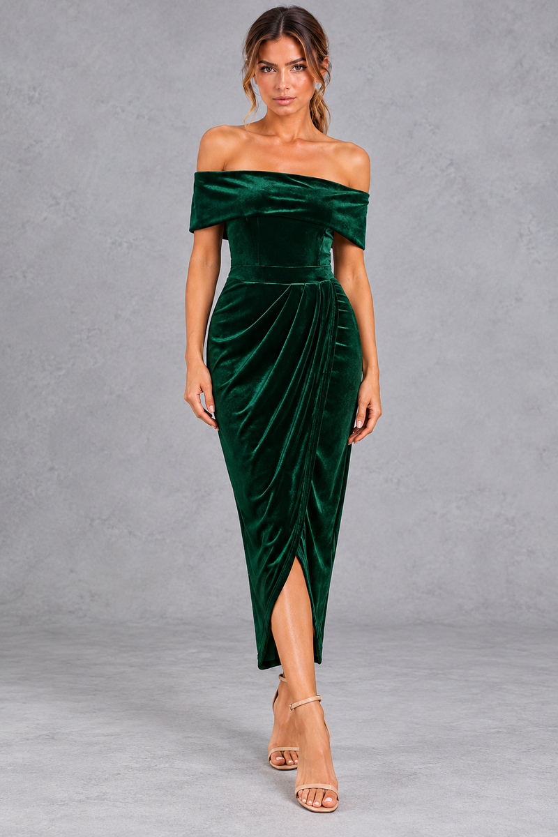Women's Velvet Off-Shoulder Midi Dress – Green – front view