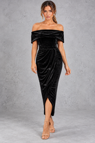 Women's Velvet Off-Shoulder Midi Dress – Black – front view
