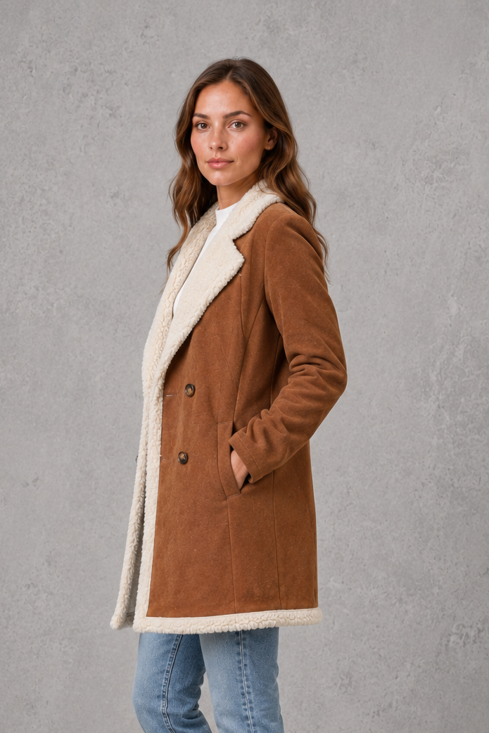 Women’s elegant double-breasted winter coat with a suede-look exterior and cosy shearling-style lining.