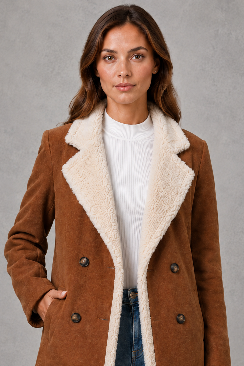 Women’s elegant double-breasted winter coat with a suede-look exterior and cosy shearling-style lining.