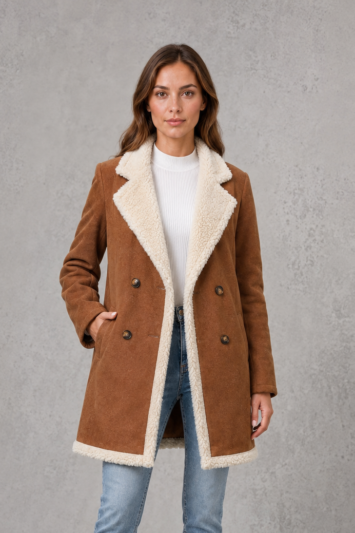 Women’s elegant double-breasted winter coat with a suede-look exterior and cosy shearling-style lining.