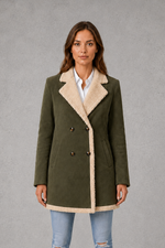 Women’s elegant double-breasted winter coat with a suede-look exterior and cosy shearling-style lining.
