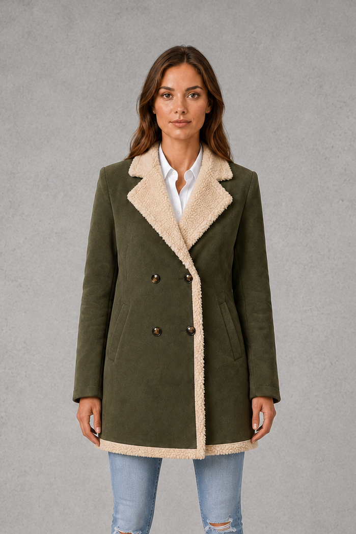 Women’s elegant double-breasted winter coat with a suede-look exterior and cosy shearling-style lining.