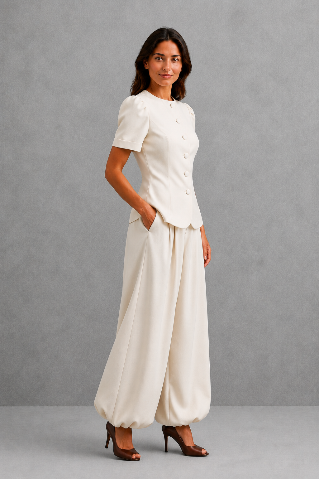 Women’s elegant two piece trouser set with tailored top and ankle-length balloon leg trousers.