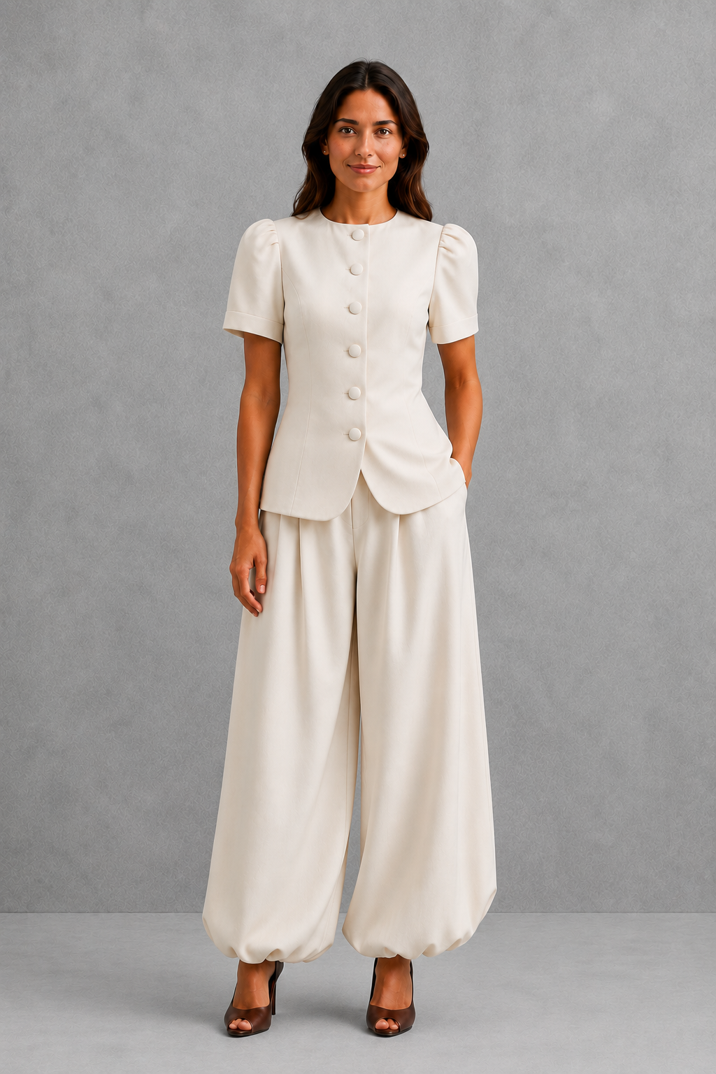 Women’s elegant two piece trouser set with tailored top and ankle-length balloon leg trousers.