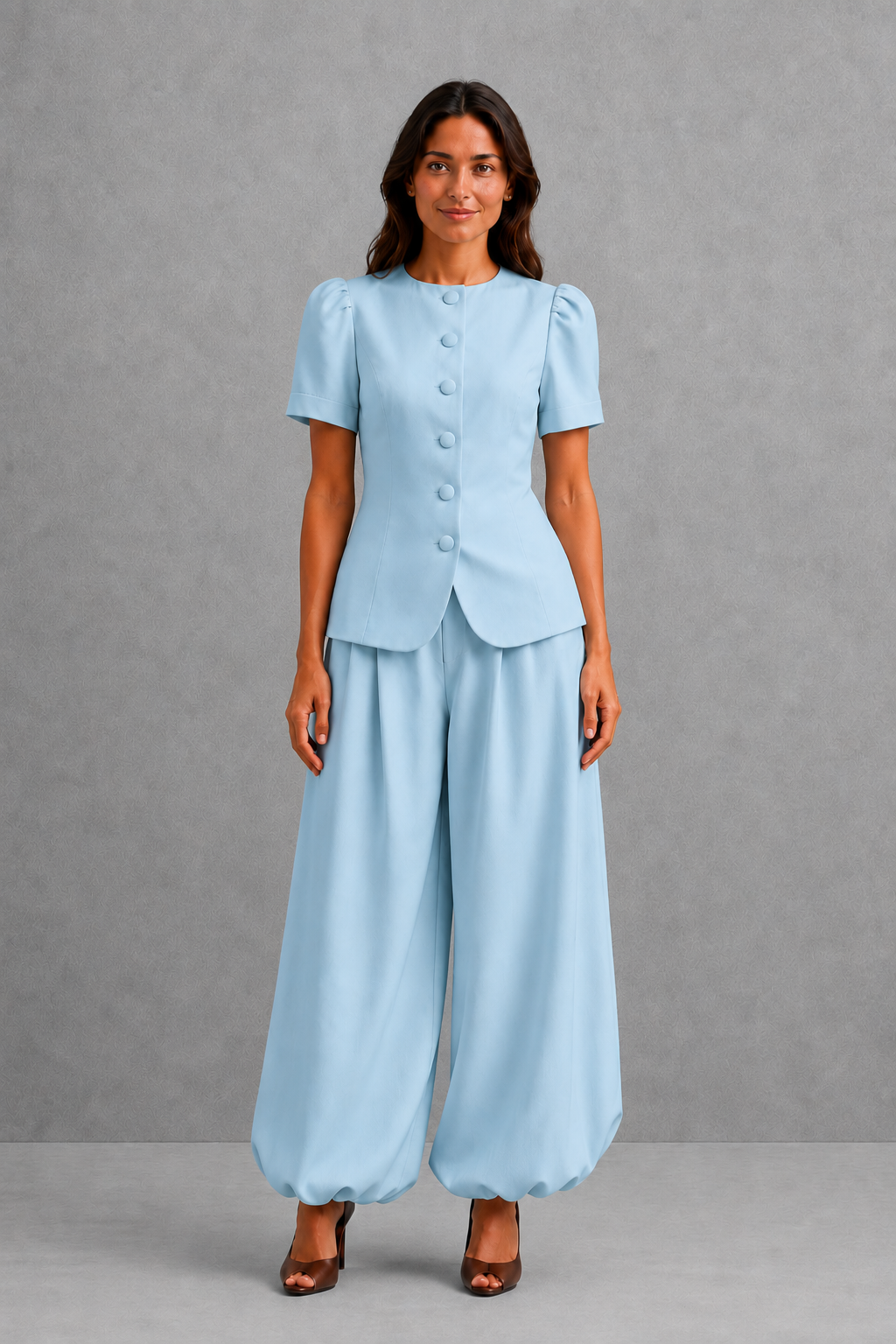 Women’s elegant two piece trouser set with tailored top and ankle-length balloon leg trousers.