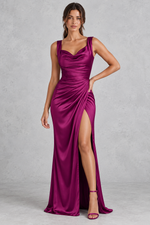 Women’s elegant V-neck bodycon maxi dress with a sleeveless design, fitted silhouette and sophisticated split hem.