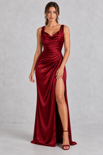 Women’s elegant V-neck bodycon maxi dress with a sleeveless design, fitted silhouette and sophisticated split hem.