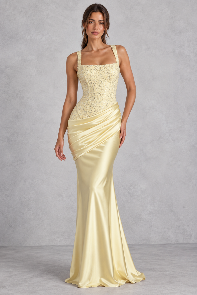 Women’s embellished corset satin maxi dress with square neckline, lace-up back, asymmetric pleated hip draping and flared hem.