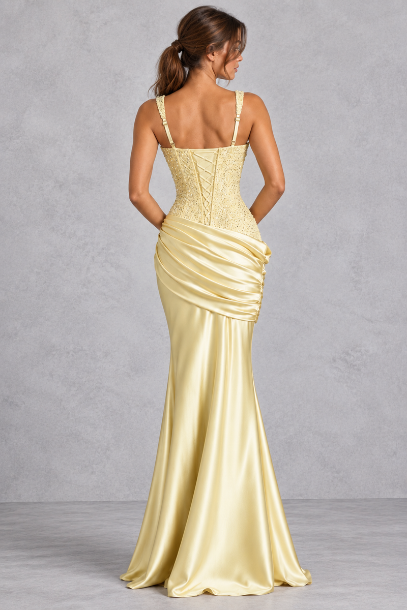 Women’s embellished corset satin maxi dress with square neckline, lace-up back, asymmetric pleated hip draping and flared hem.
