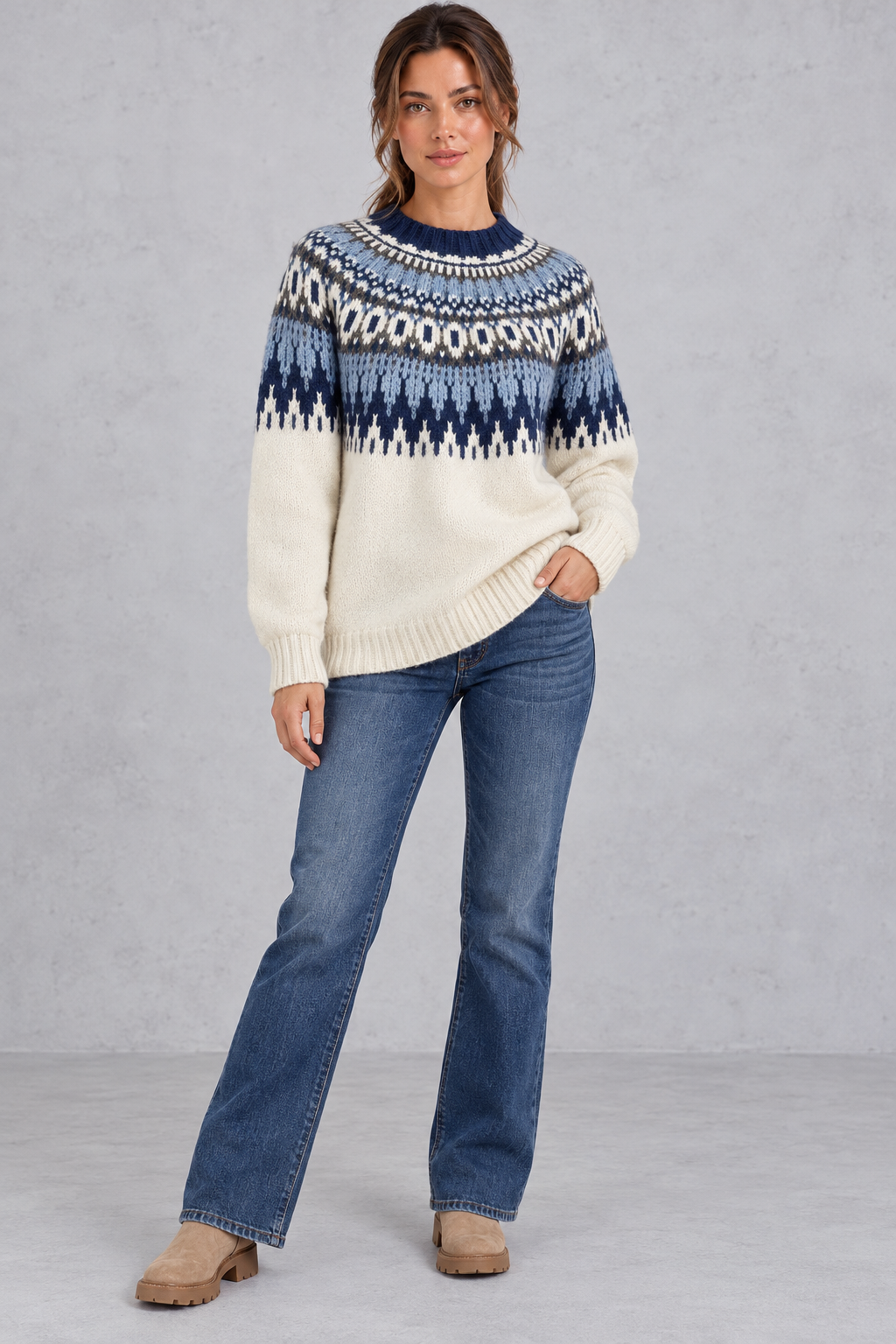 Women's Fair Isle knit jumper in Blue – full-length view