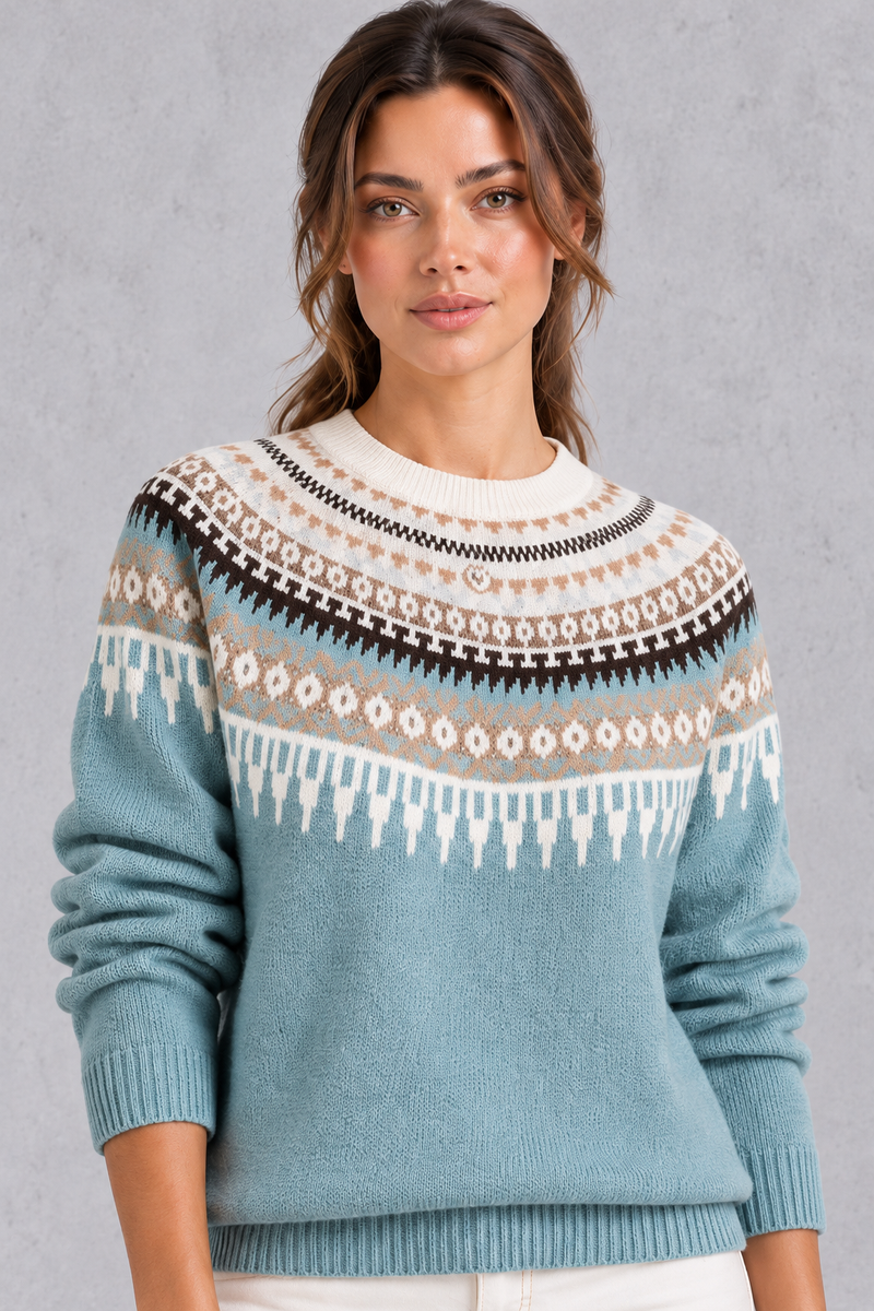 Women's blue Fair Isle yoke jumper – close-up of Fair Isle yoke pattern