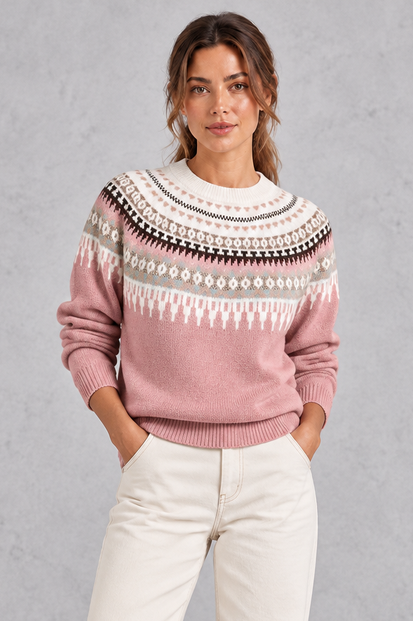 Women's pink Fair Isle yoke jumper – front view