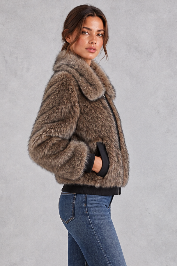 Women's faux fur bomber jacket in Brown – side view