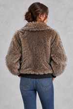 Women's faux fur bomber jacket in Brown – back view