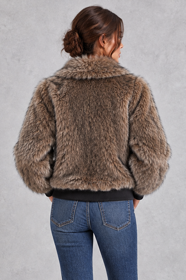 Women's faux fur bomber jacket in Brown – back view