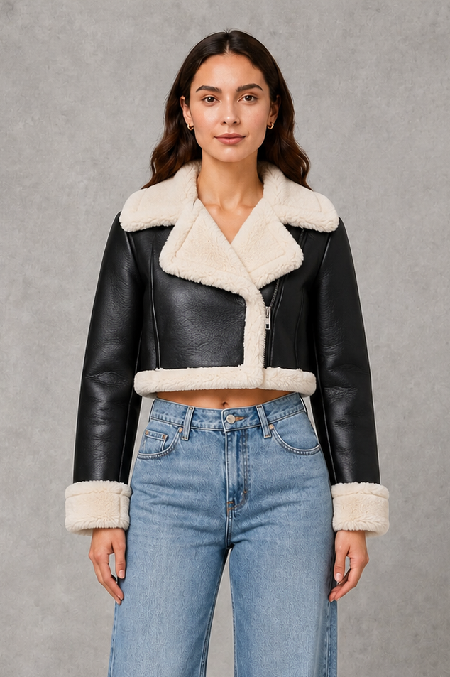 Women’s cropped winter jacket with a soft faux fur collar, contemporary silhouette and elegant finish for smart-casual and evening styling.