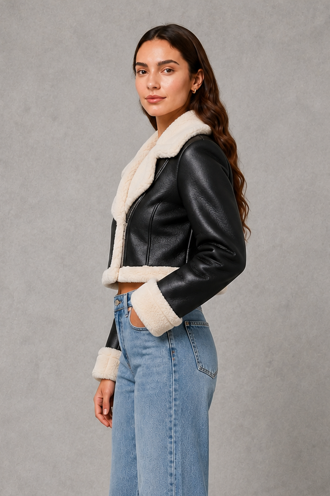 Women’s cropped winter jacket with a soft faux fur collar, contemporary silhouette and elegant finish for smart-casual and evening styling.
