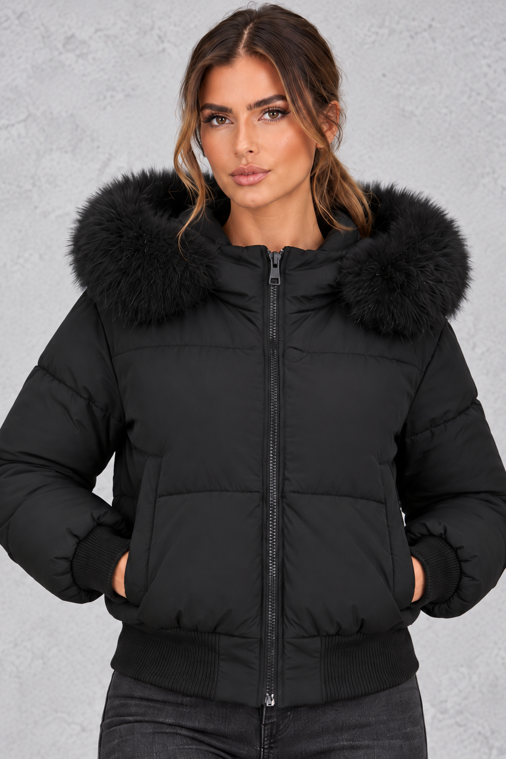 Women’s padded puffer jacket with a plush faux fur collar, full zip front, long sleeves and elasticated cuffs and hem.