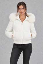 Women’s padded puffer jacket with a plush faux fur collar, full zip front, long sleeves and elasticated cuffs and hem.