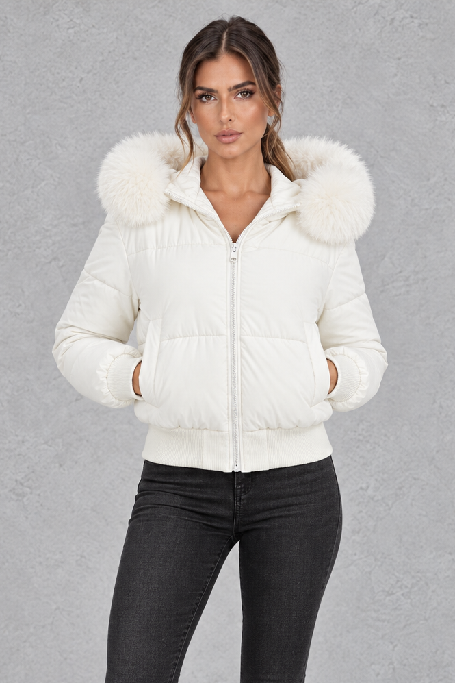 Women’s padded puffer jacket with a plush faux fur collar, full zip front, long sleeves and elasticated cuffs and hem.