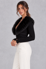 Women’s ribbed knit cardigan with a plush faux fur collar, deep V-neckline, button front and fitted cropped silhouette.