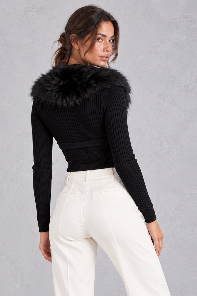 Women’s ribbed knit cardigan with a plush faux fur collar, deep V-neckline, button front and fitted cropped silhouette.