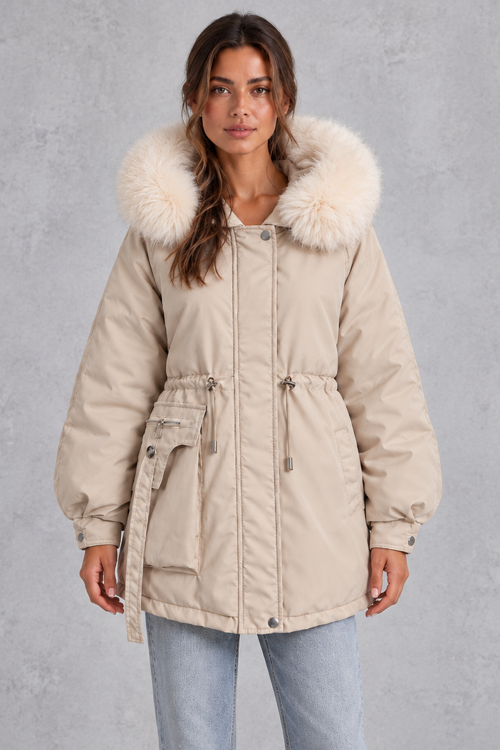 Women’s hooded parka coat with soft faux fur trim, an adjustable drawstring waist, long sleeves and a longer curved hem.